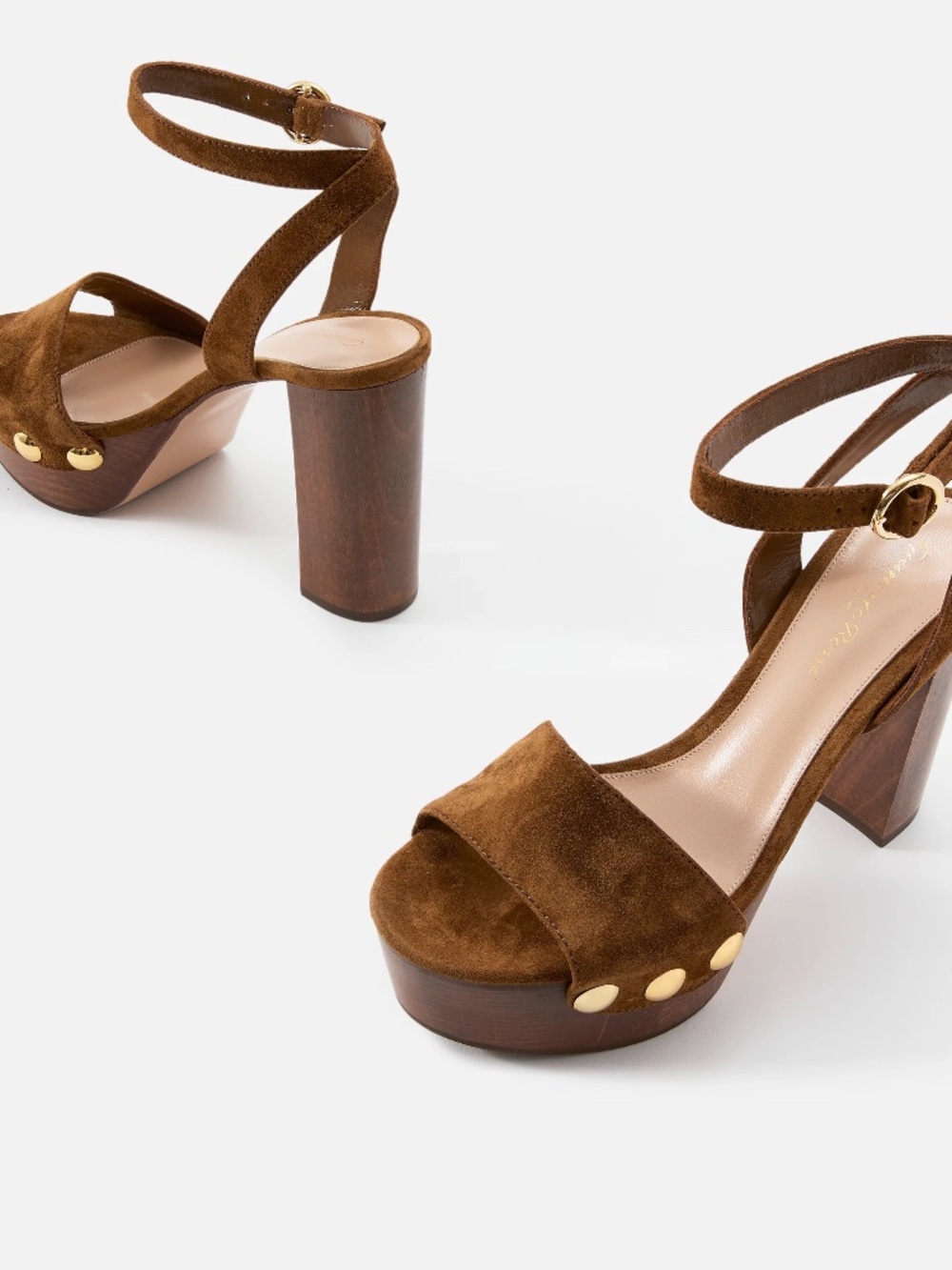 Gianvito Rossi Wooden Platform Suede Sandals — New in Box, Gold Studs